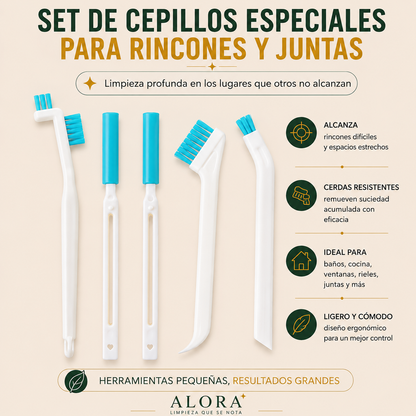 Mini Cepillos de Precisión —  Limpia ranuras, rieles y espacios estrechos con total facilidad.