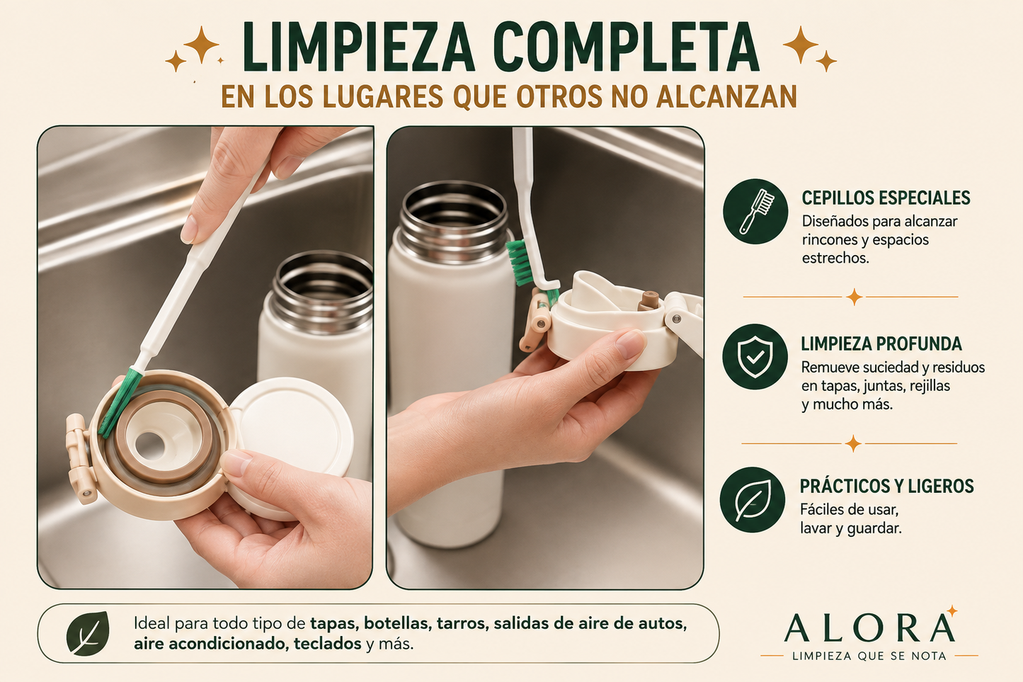 Mini Cepillos de Precisión —  Limpia ranuras, rieles y espacios estrechos con total facilidad.